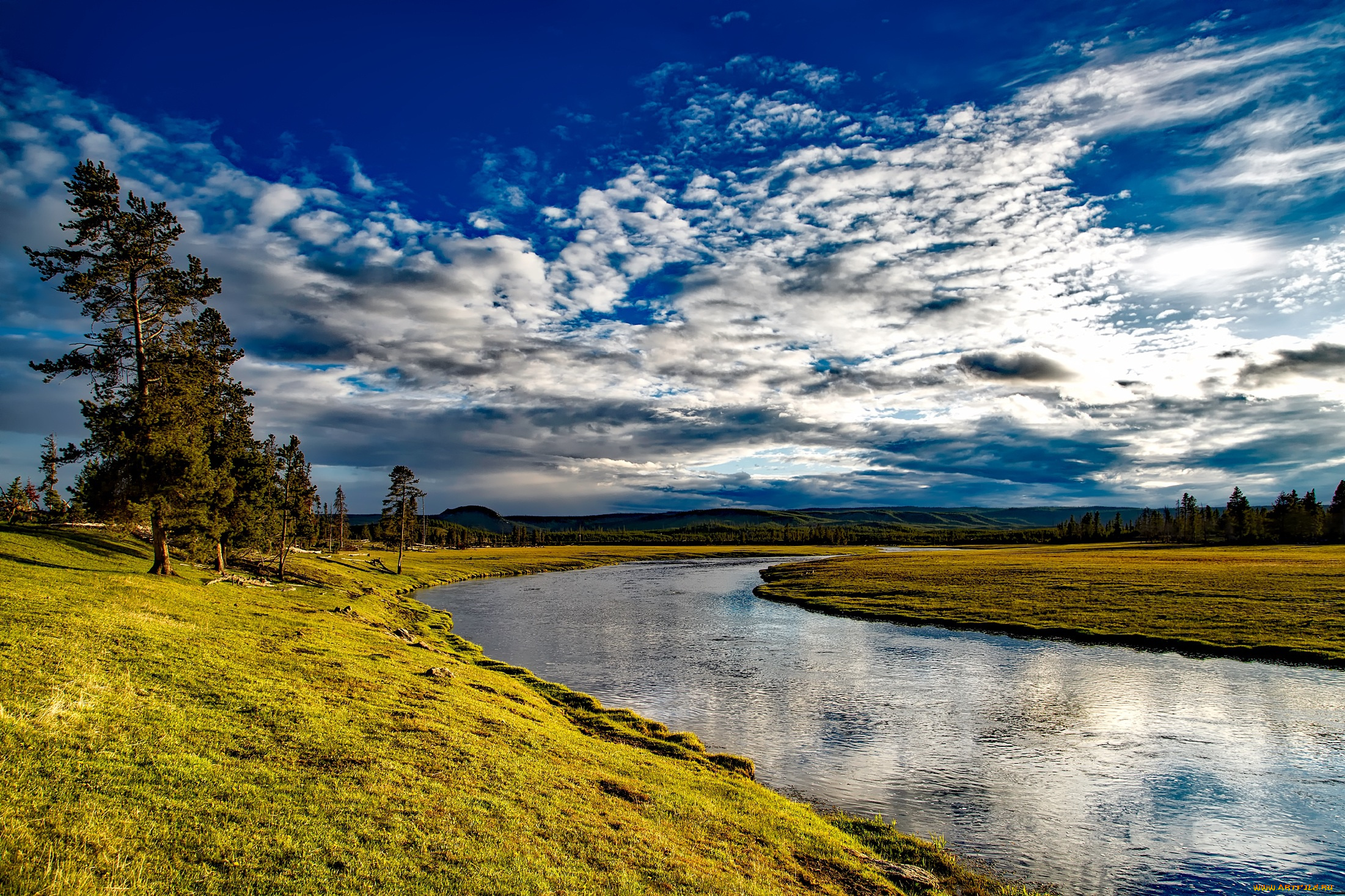 природа, реки, озера, облака, река, деревья, firehole, river, небо, wyoming, yellowstone, national, park