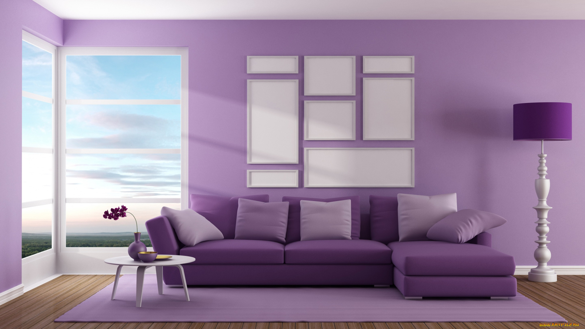 3д, графика, реализм, , realism, purple, гостиная, окно, интерьер, диван, дизайн