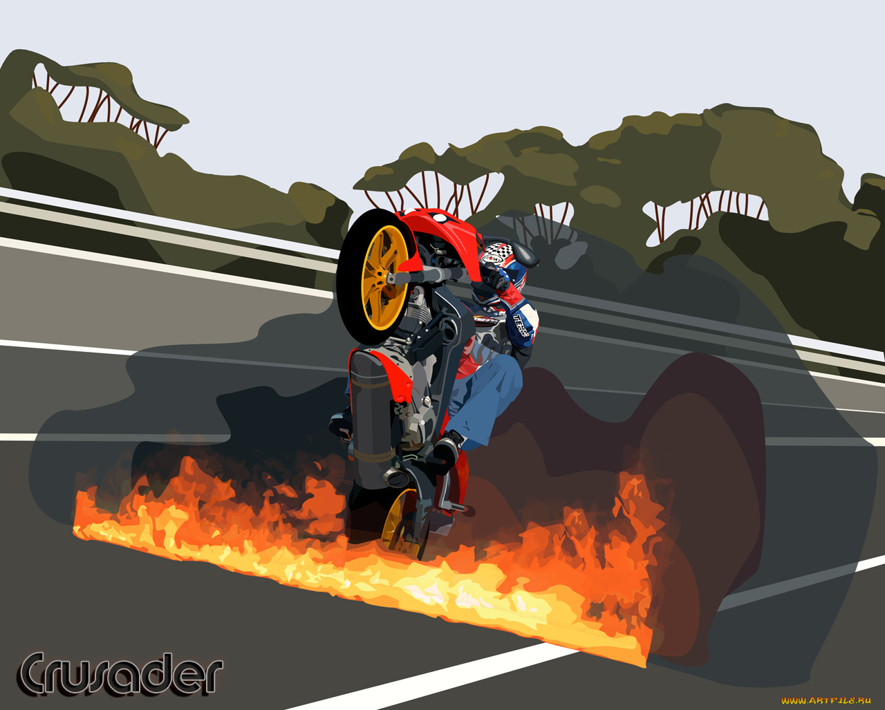 wheelie, of, fire, by, crusader, мотоциклы, рисованные