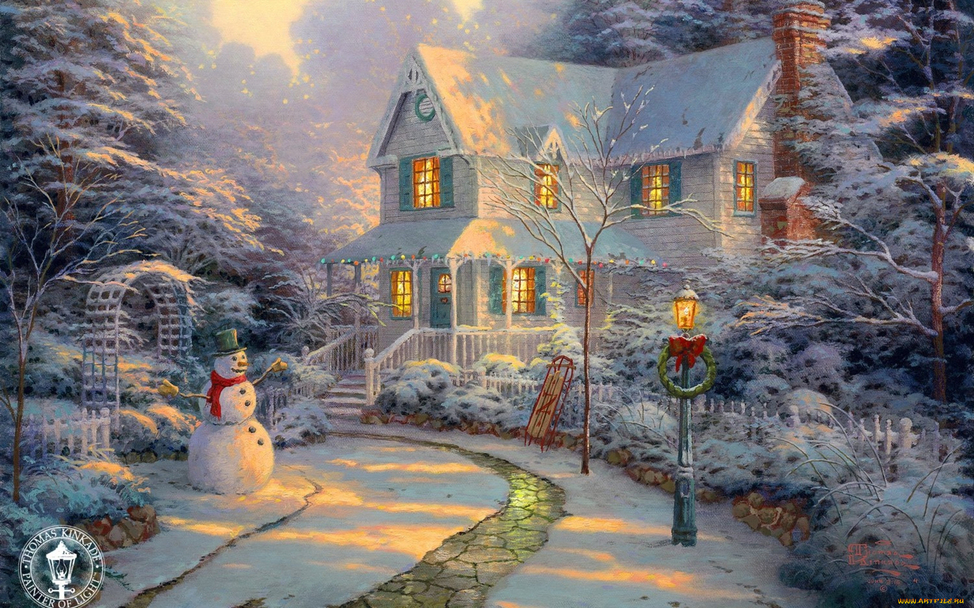 thomas, kinkade, рисованные, снег, снеговик, дом, рождество, зима