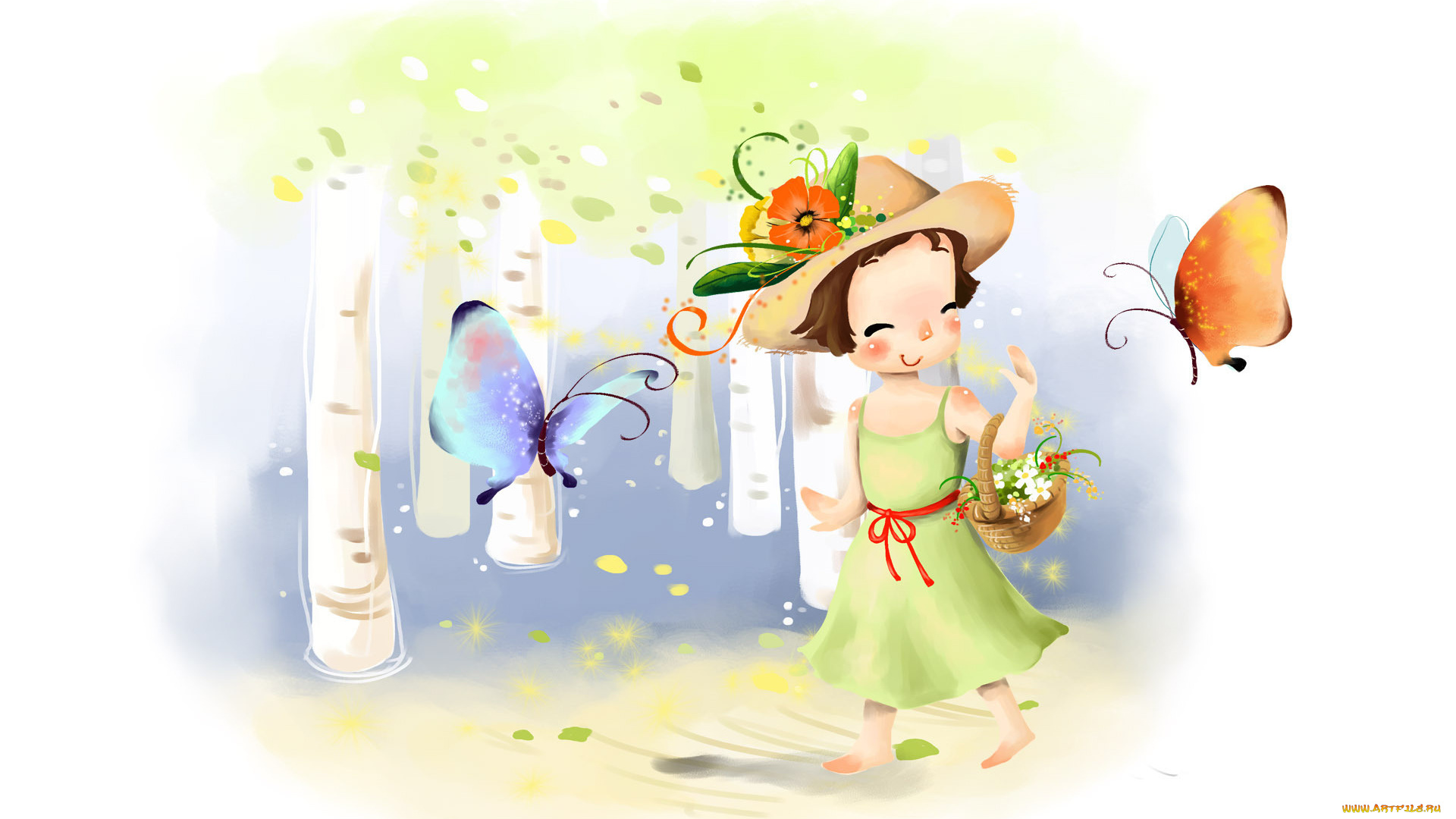 рисованные, дети, шляпа, бабочки, девушка, лес, цветы