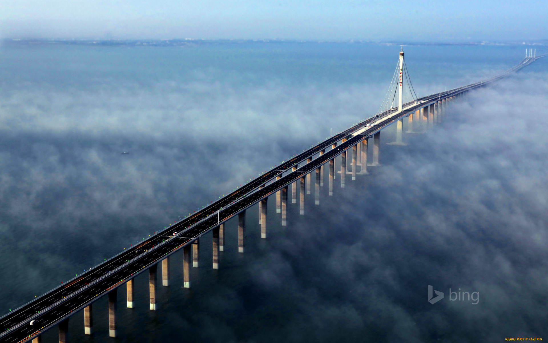 города, -, мосты, небо, китай, опора, туман, мост, море