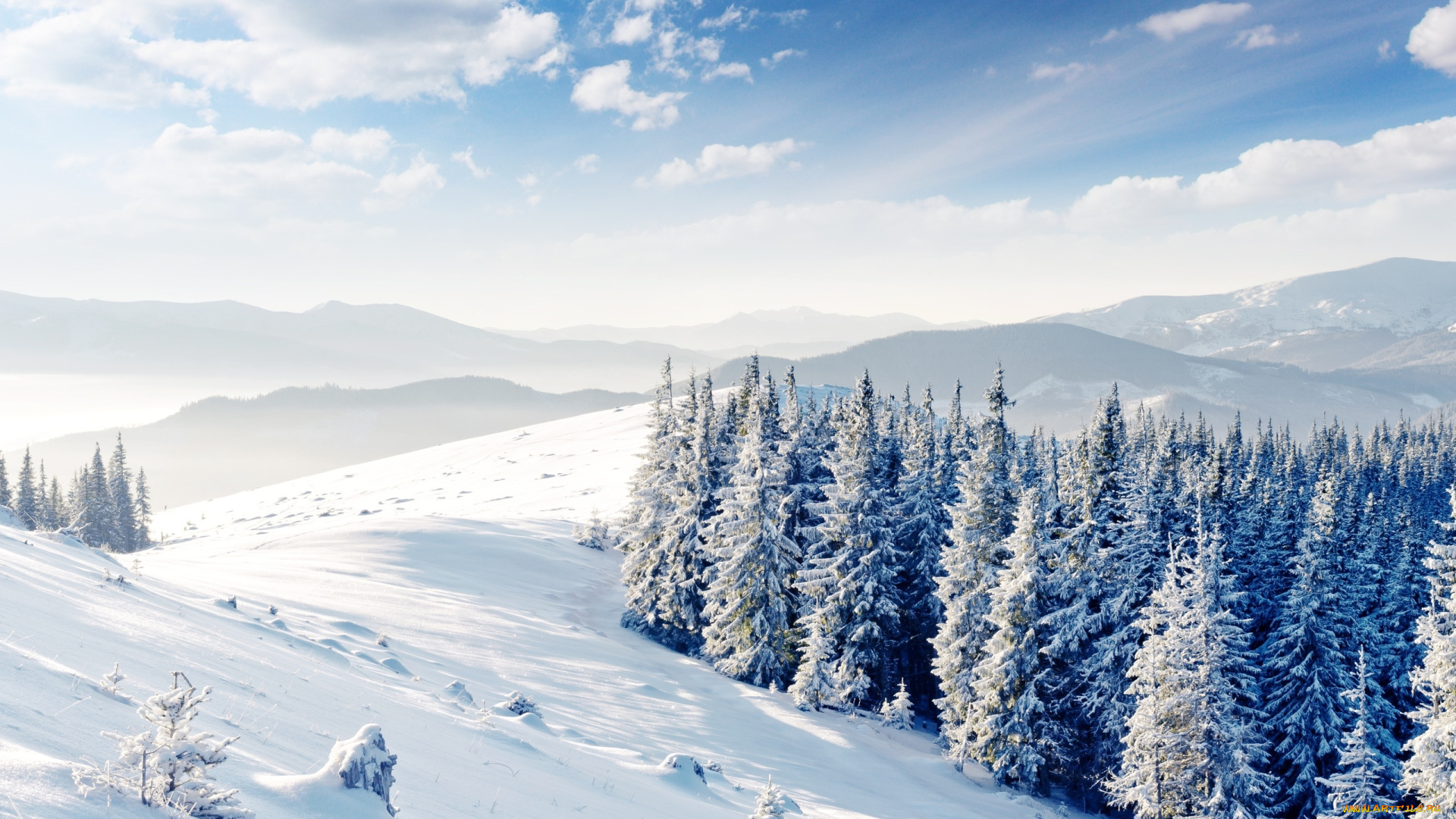 природа, зима, снег, деревья, горы, лес