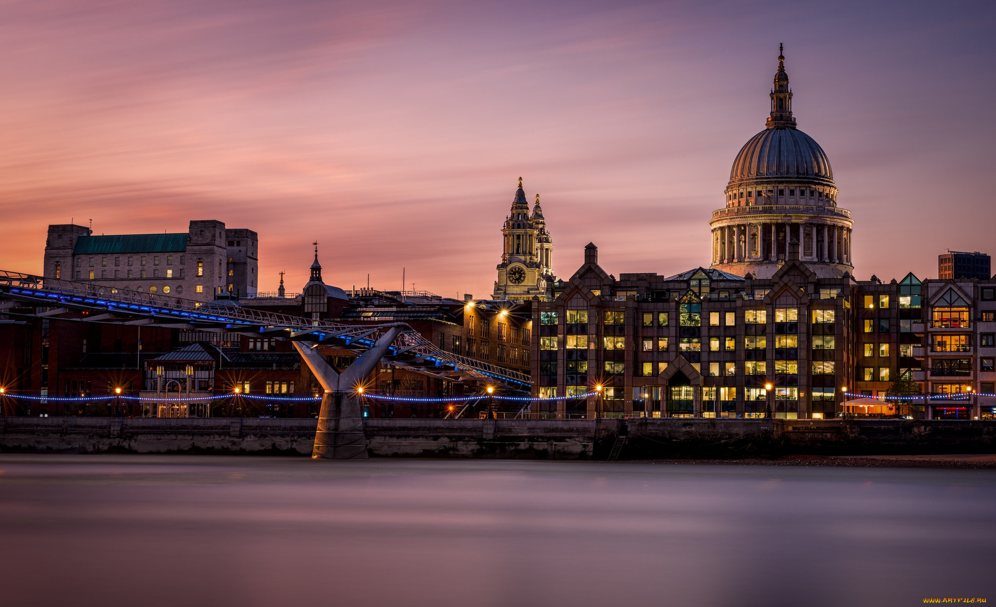 millennium, bridge, города, лондон, , великобритания, собор, мост, река, ночь