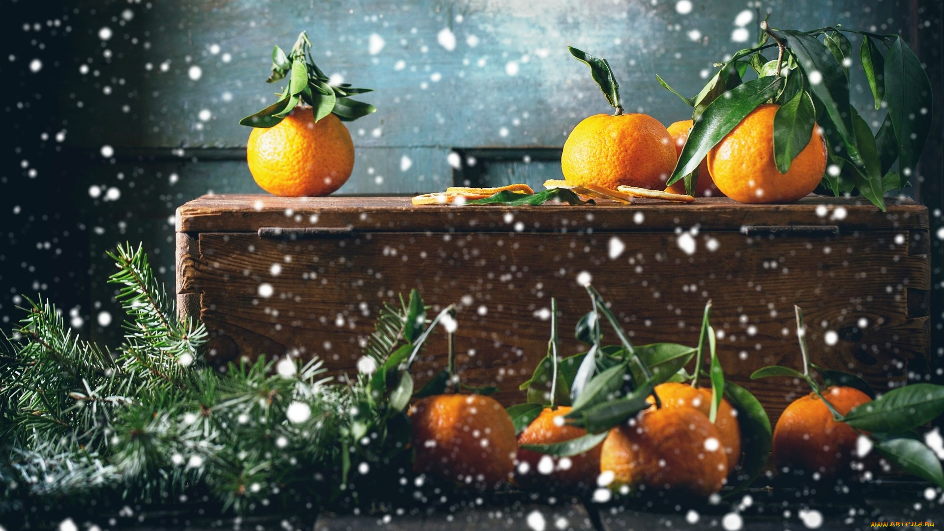 еда, цитрусы, снег, листья, мандарины, ёлка