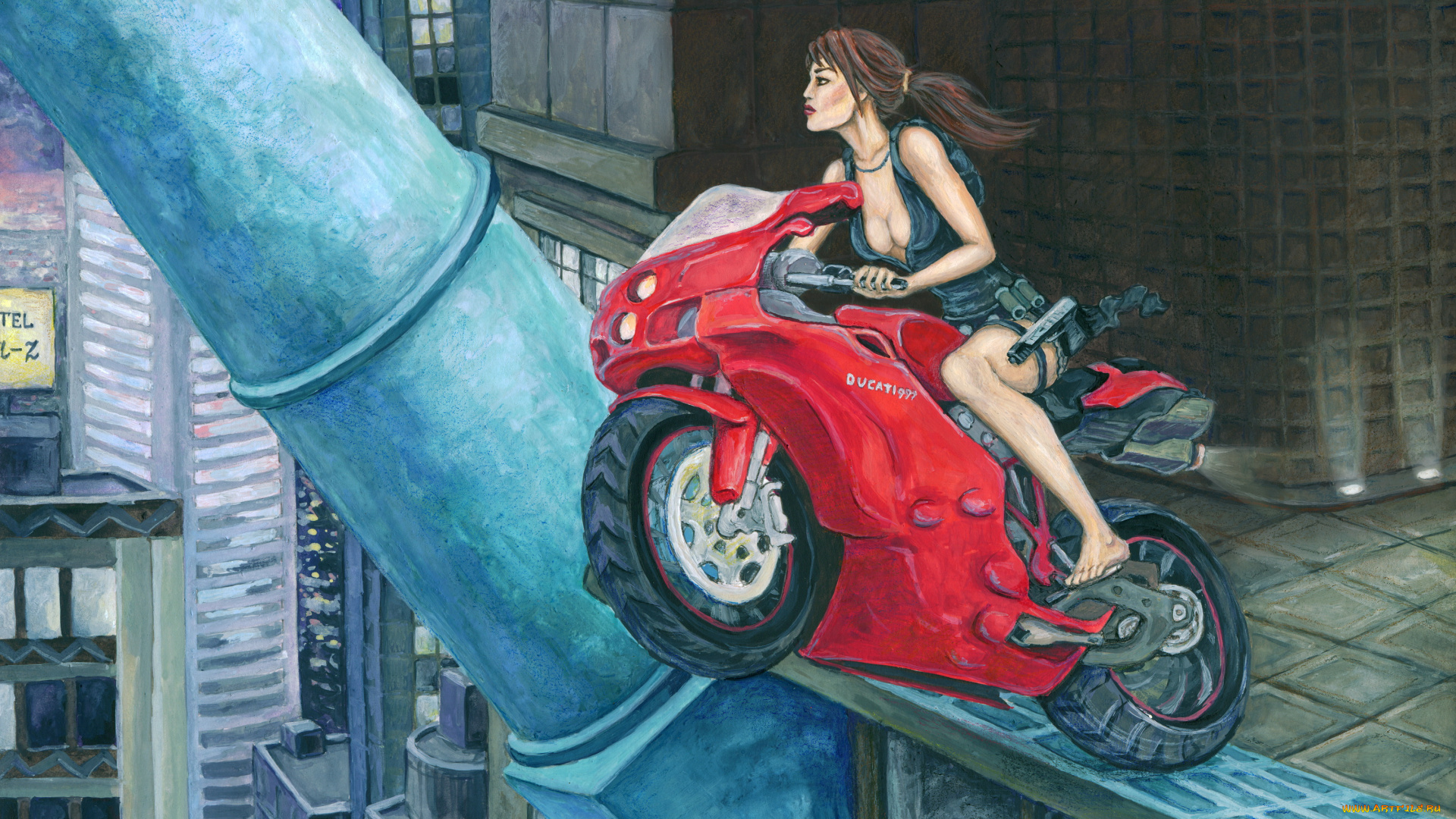 рисованное, комиксы, фон, девушка, город, мотоцикл