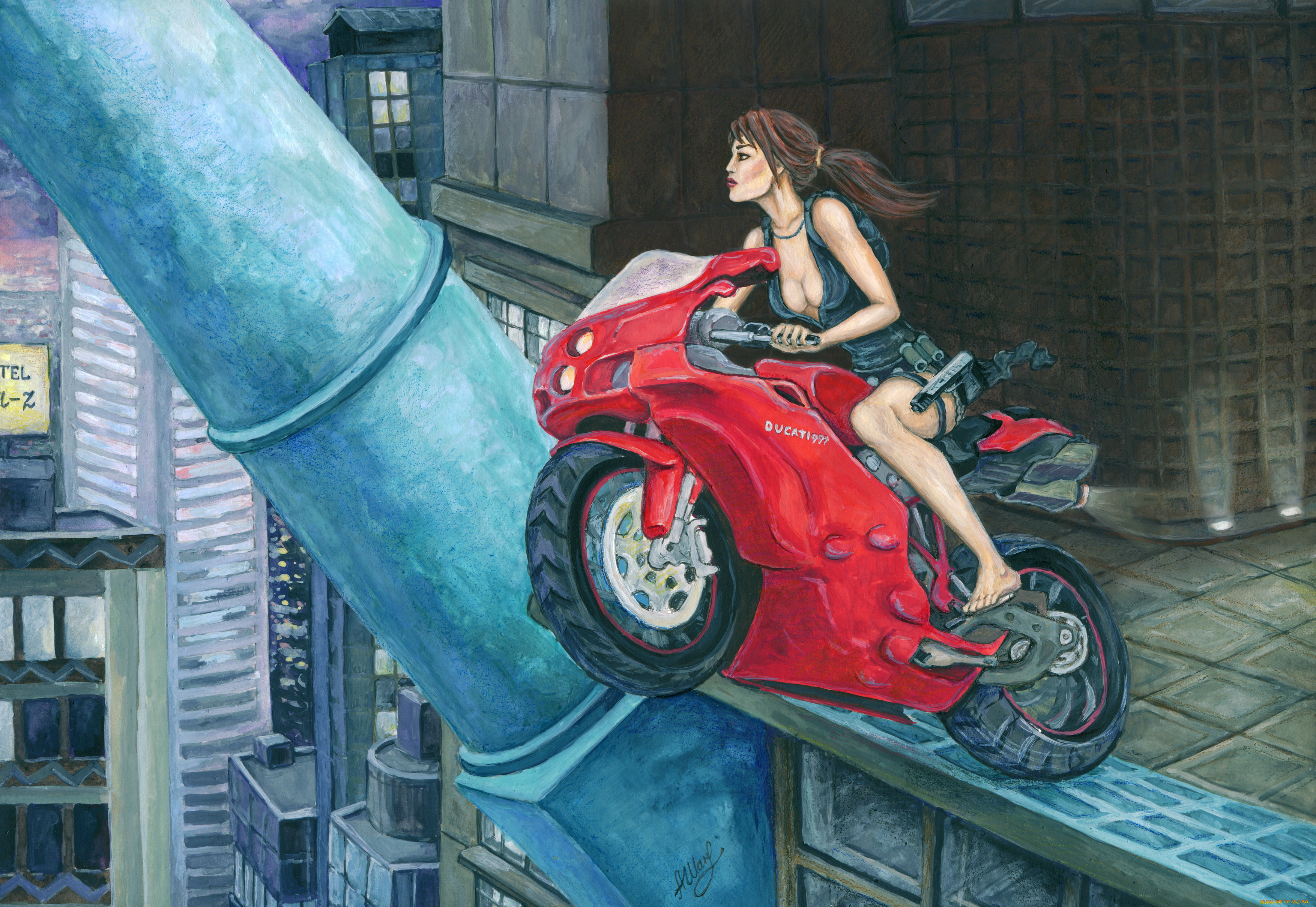 рисованное, комиксы, фон, девушка, город, мотоцикл
