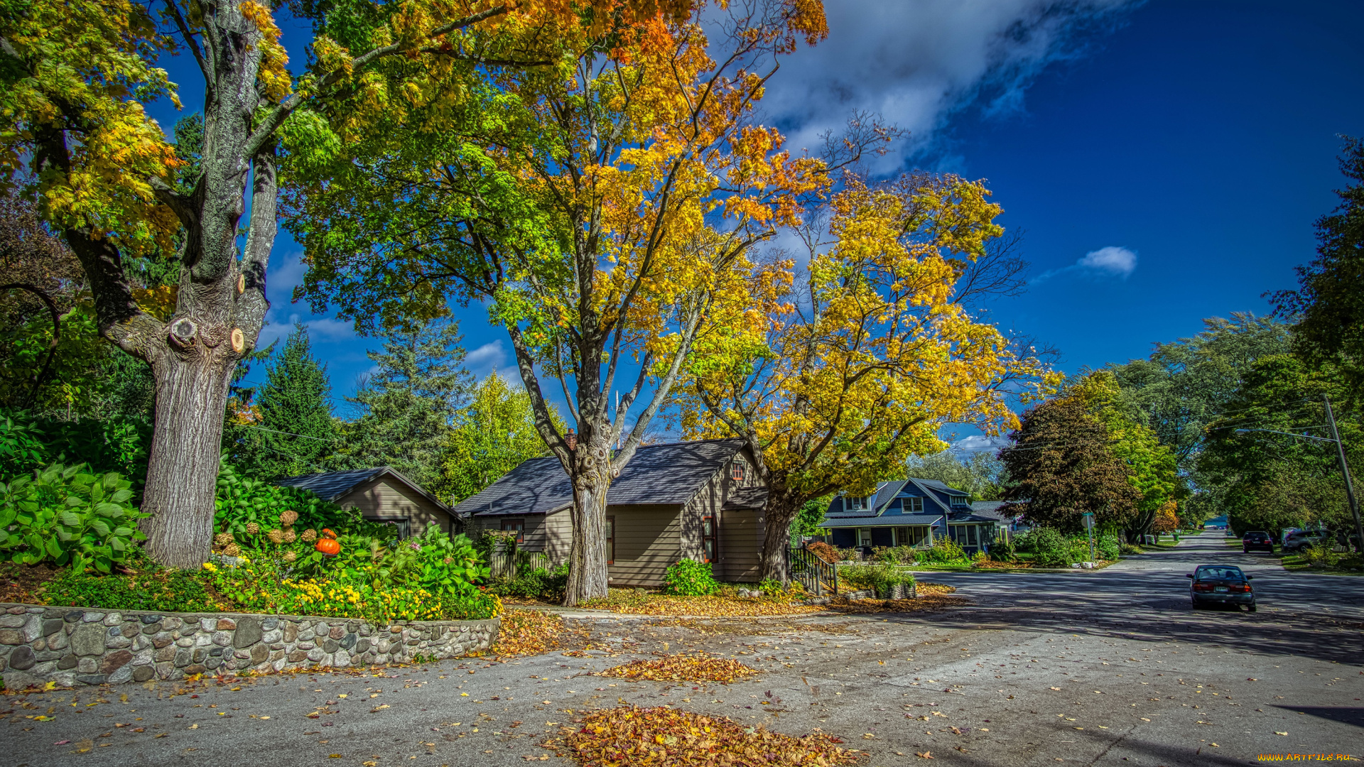 города, -, здания, , дома, northport, michigan, жёлтые, сша, дома, улица, машины, деревья, облака, солнце, небо, листья, осень, дорога