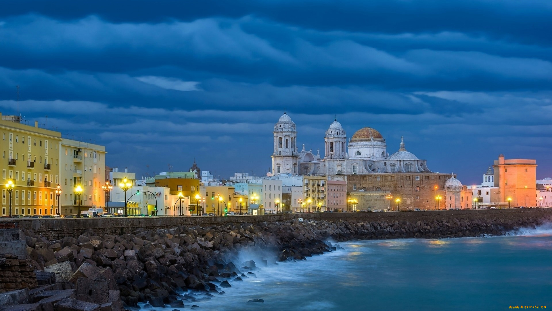 cadiz, spain, города, -, огни, ночного, города