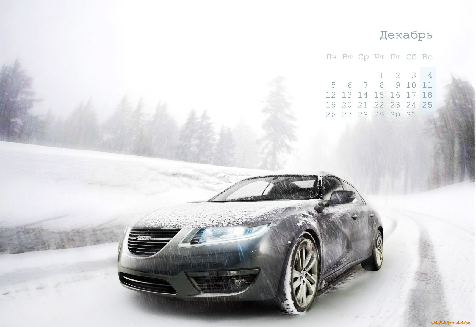 календари, автомобили, дорога, авто, сааб, снегопад