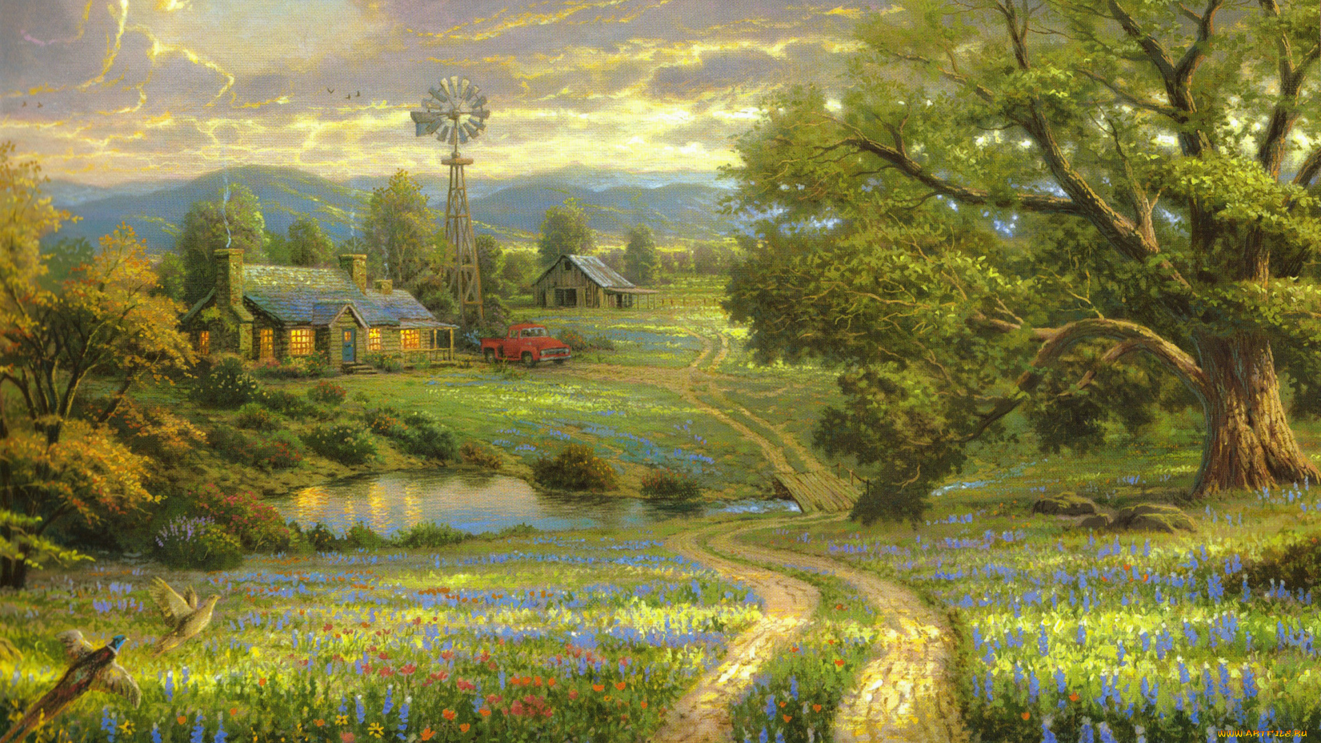 thomas, kinkade, рисованные, пейзаж, дорога, деревня