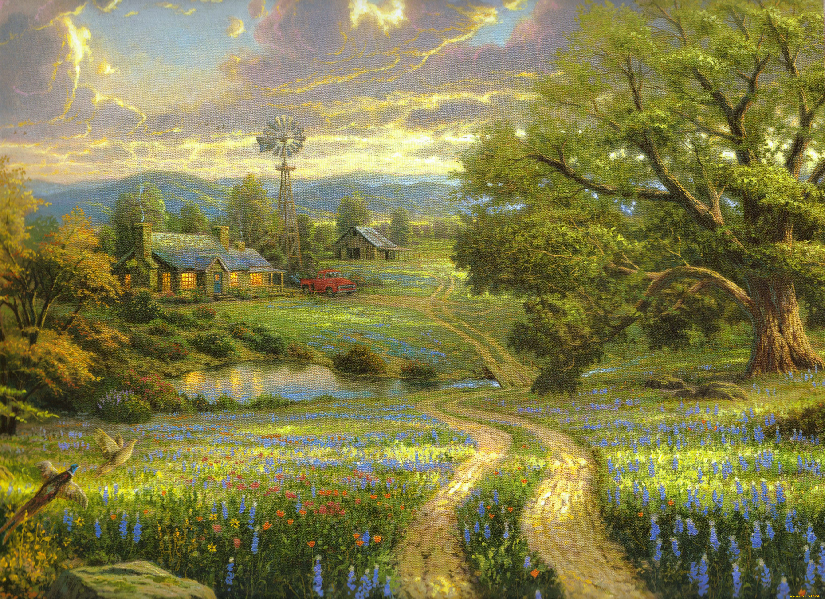 thomas, kinkade, рисованные, пейзаж, дорога, деревня