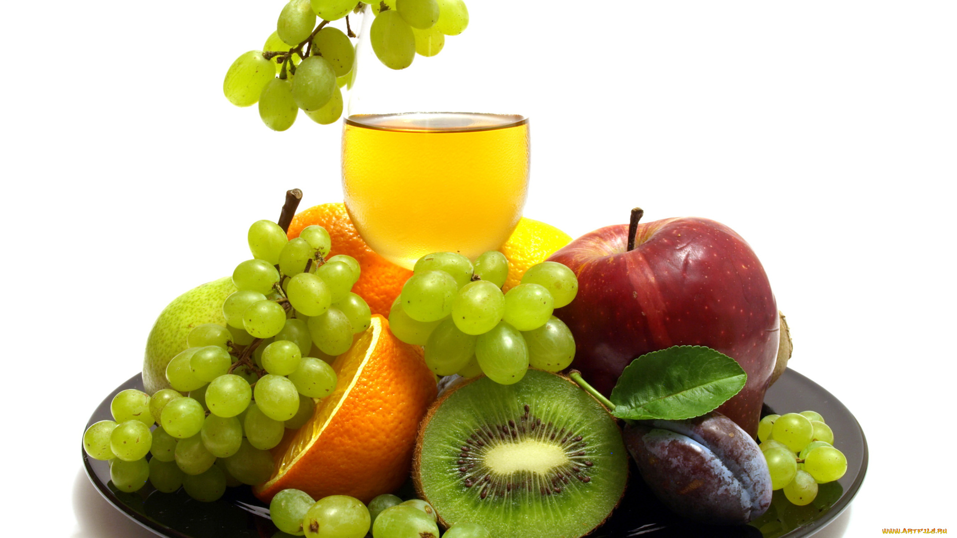 еда, фрукты, ягоды, киви, виноград, апельсины, сливы, яблоко, вино