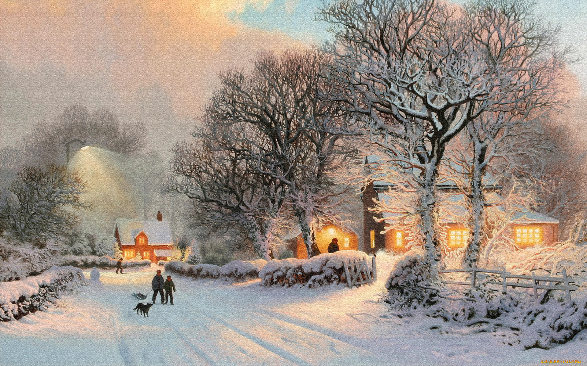 рисованные, живопись, зима, деревня, люди, дорога, собака, свет