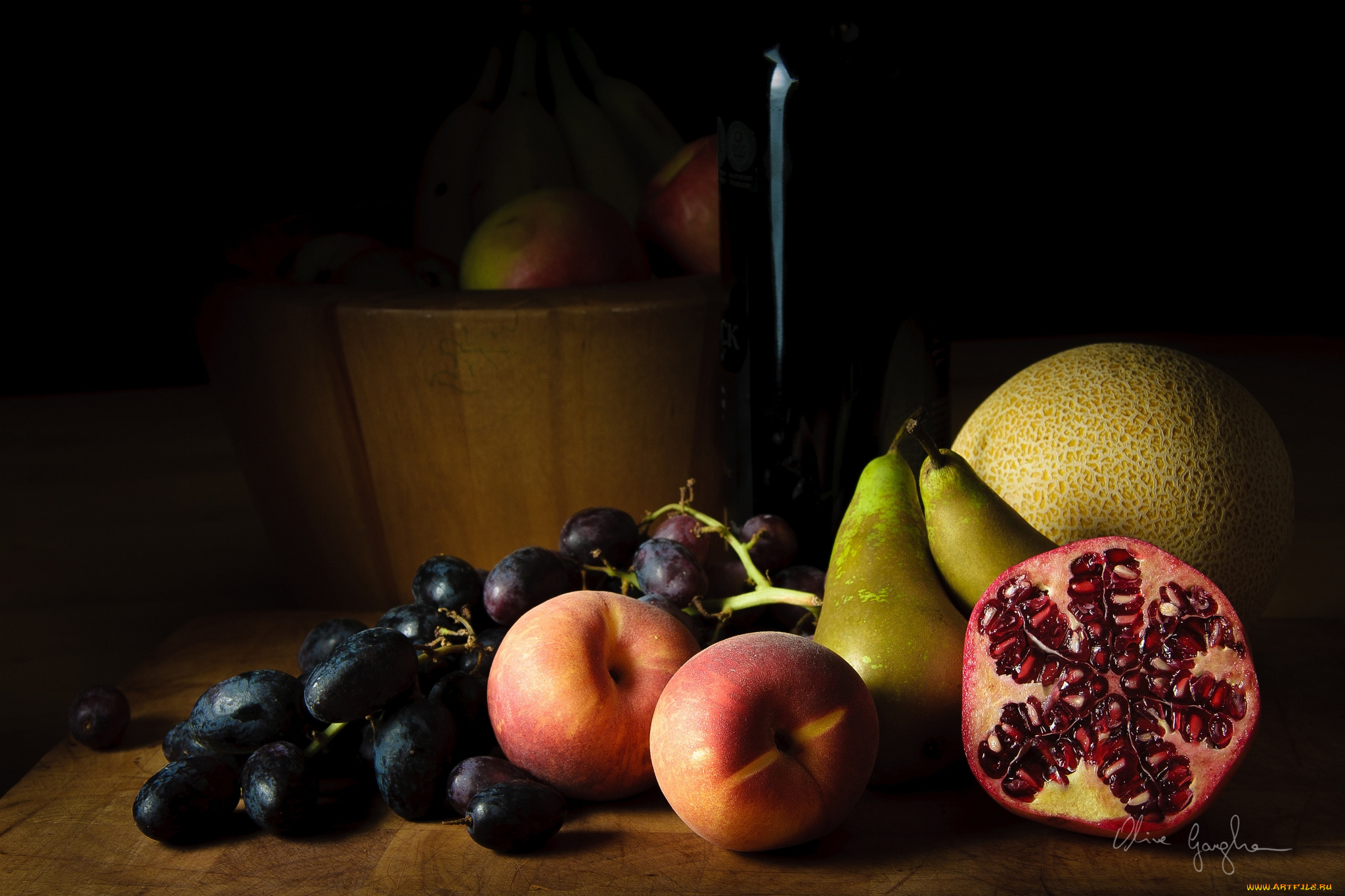 еда, фрукты, ягоды, груши, персики, виноград, гранат, дыня