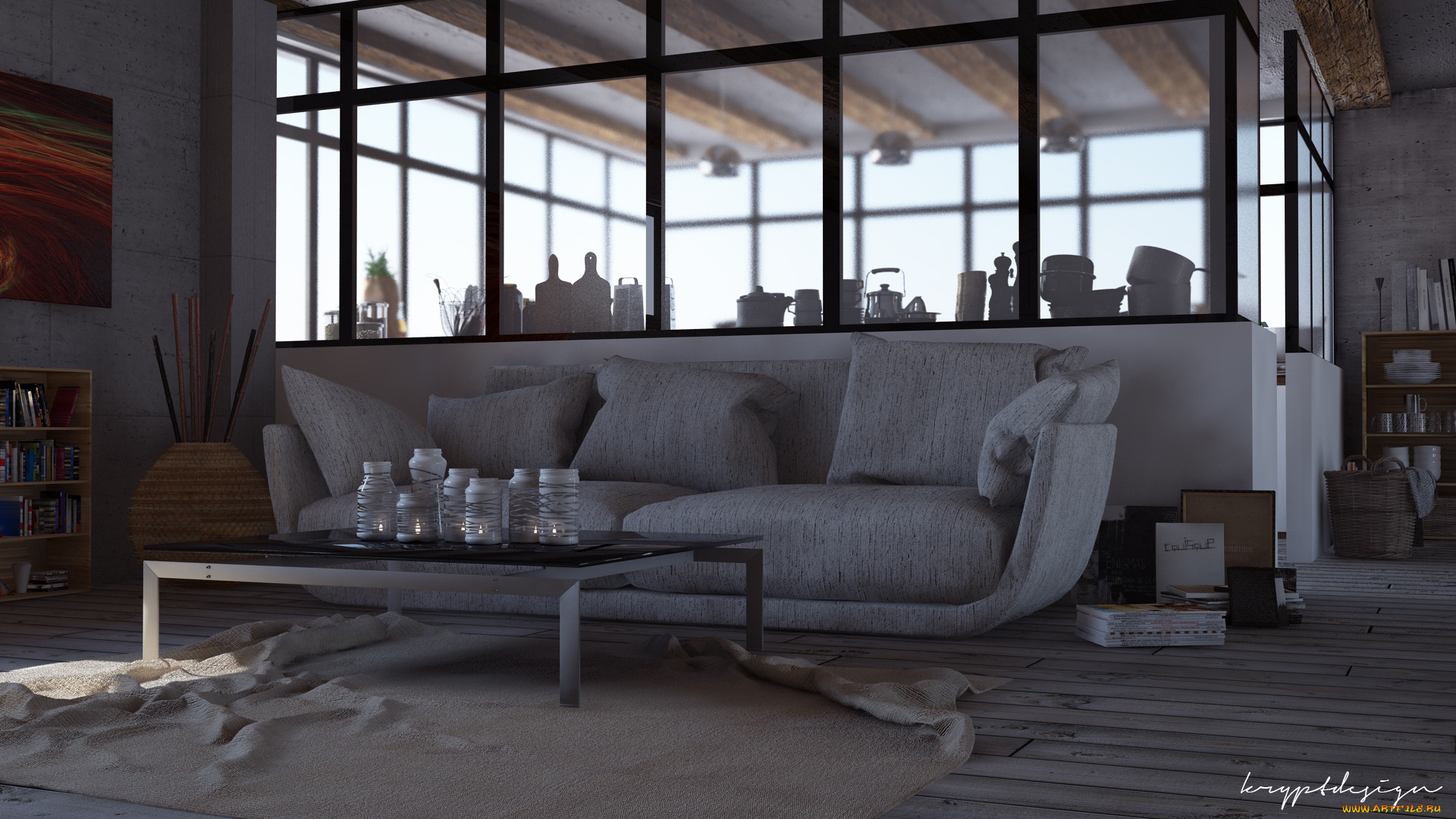 3д, графика, realism, , реализм, стол, подушки, комната, диван