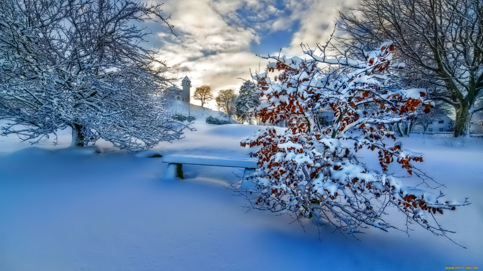 природа, зима, скамейка, деревья, снег