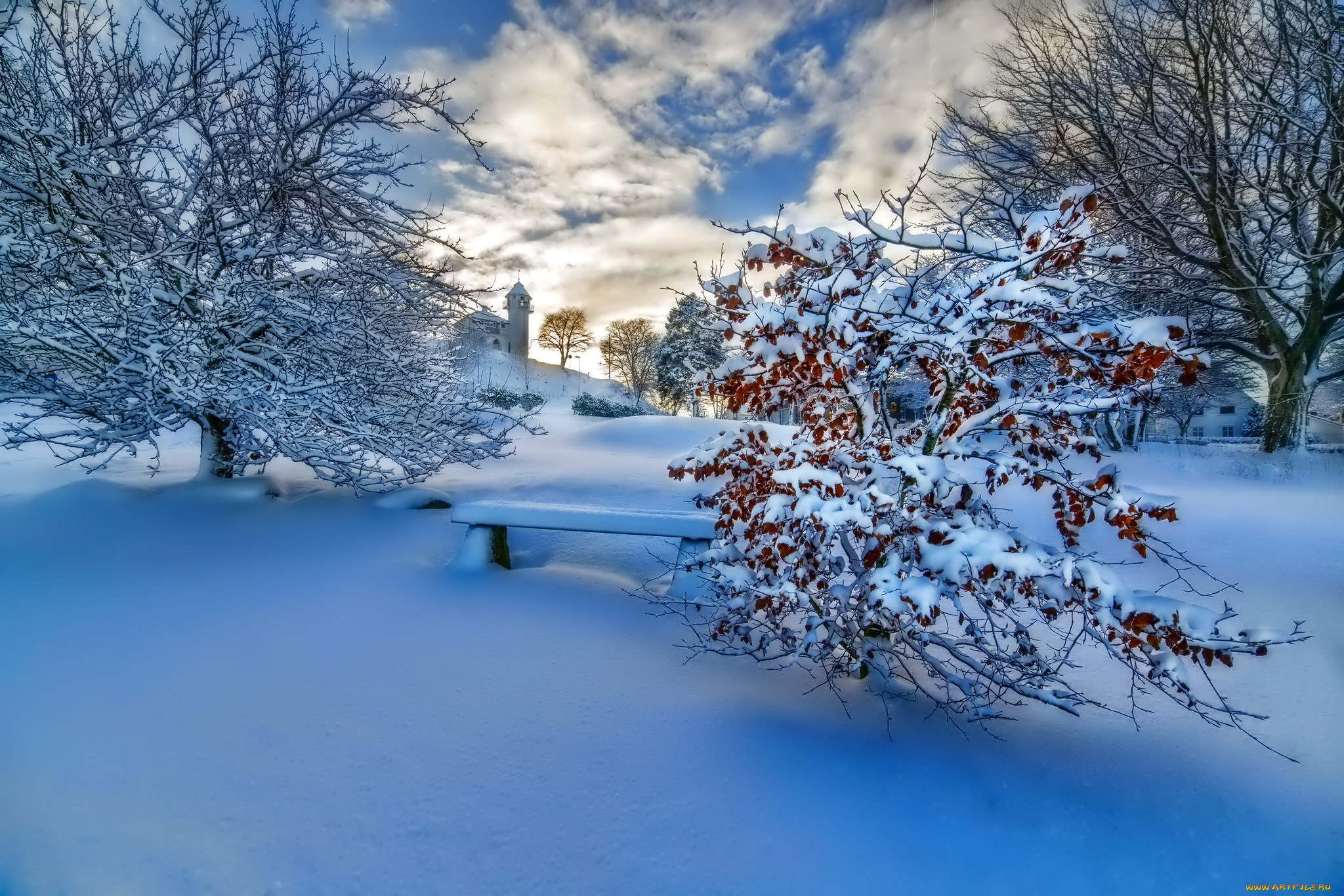 природа, зима, скамейка, деревья, снег