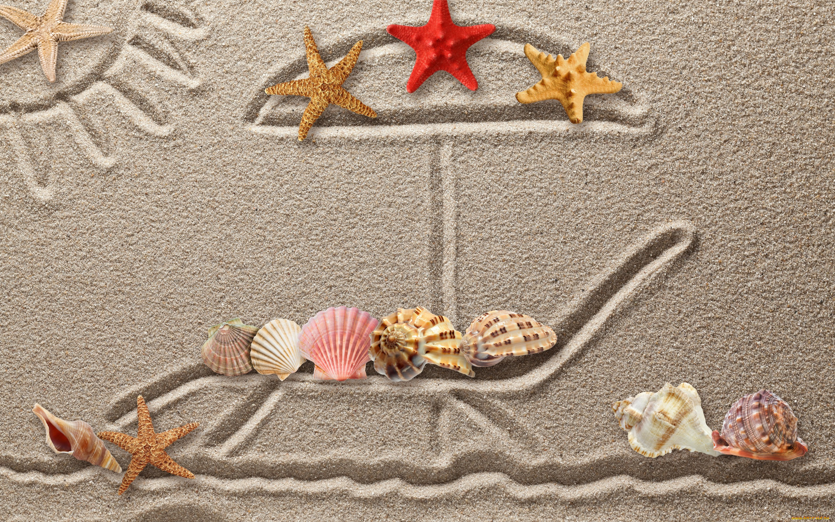 разное, ракушки, , кораллы, , декоративные, и, spa-камни, песок, starfish, seashells, texture, drawing, sand, рисунок