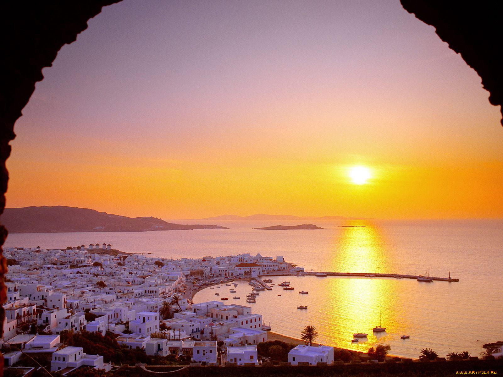 the, cyclades, islands, at, sundown, greece, города, пейзажи