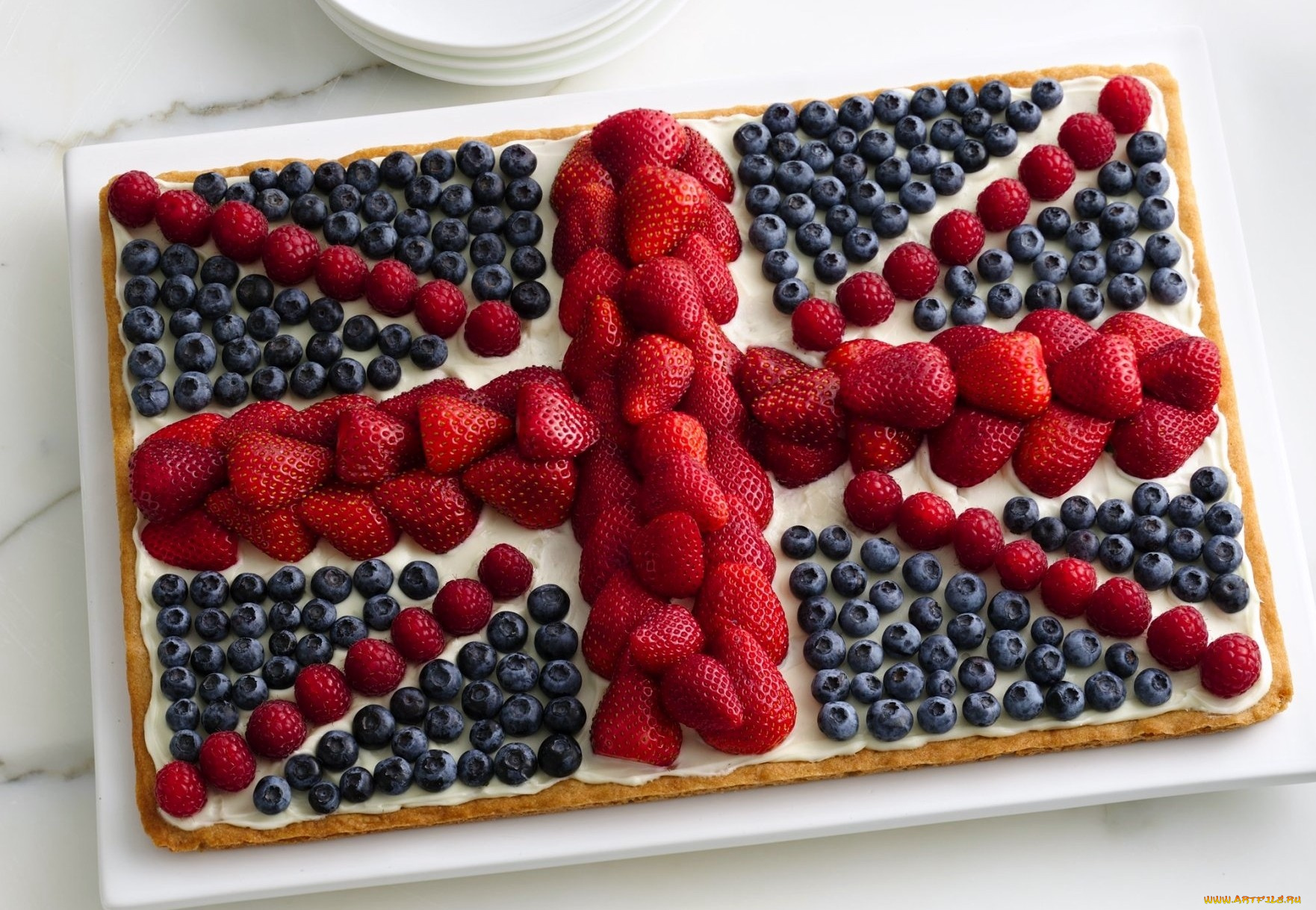 еда, пироги, торт, британский, флаг, клубника, голубика