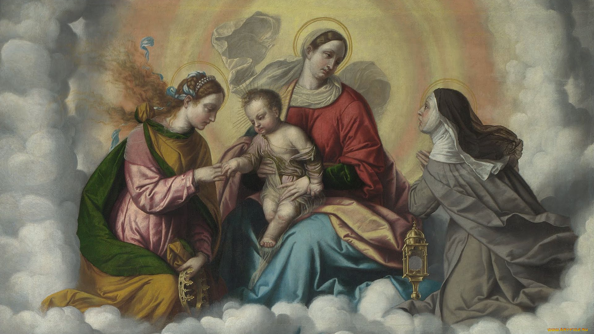moretto, da, brescia, the, madonna, and, child, with, saints, фрагмент, рисованные