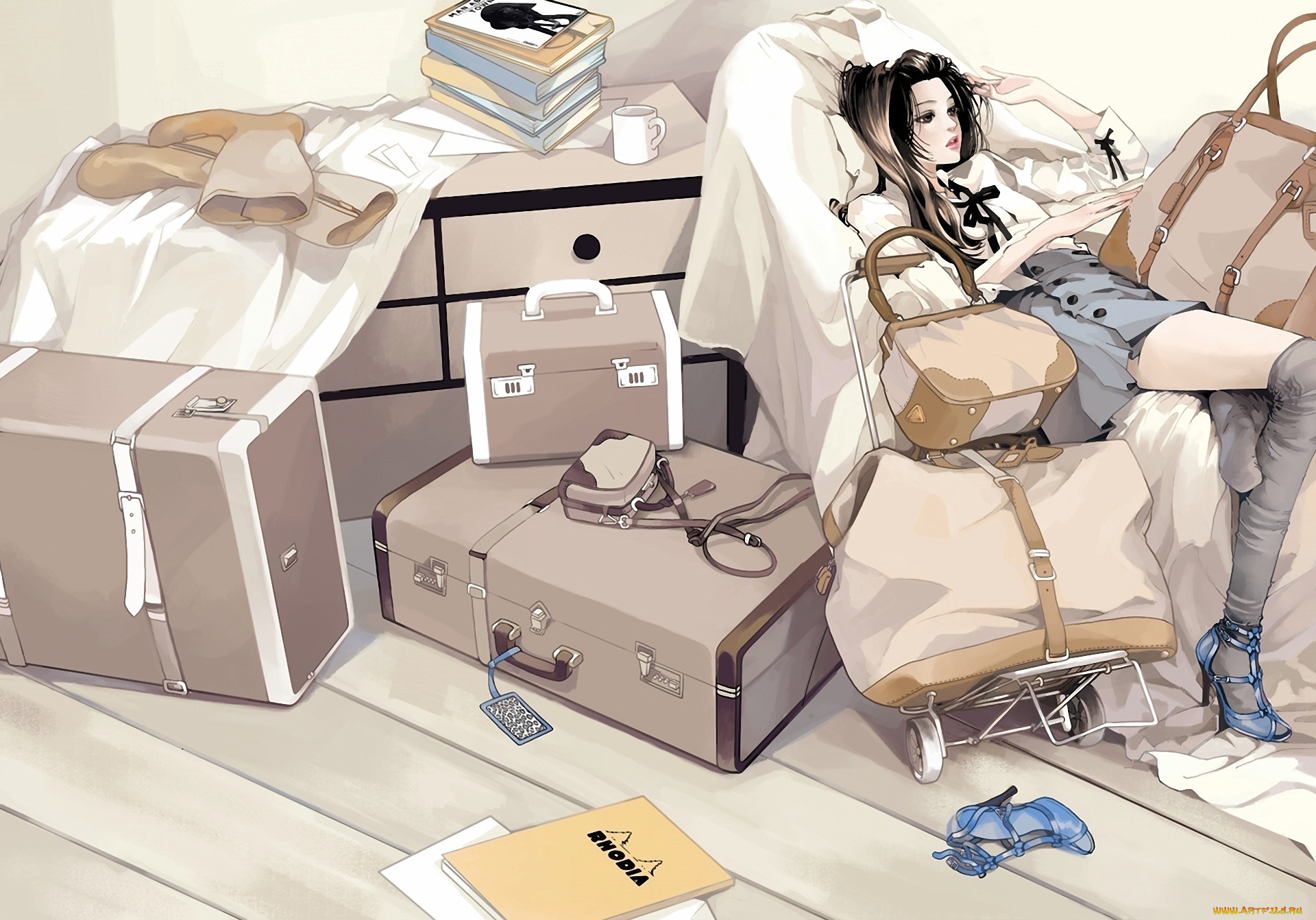 аниме, *unknown, другое, кружка, девушка, daisy, туфли, сидит, сумки, чемоданы, книги, сапоги, багаж, чулки