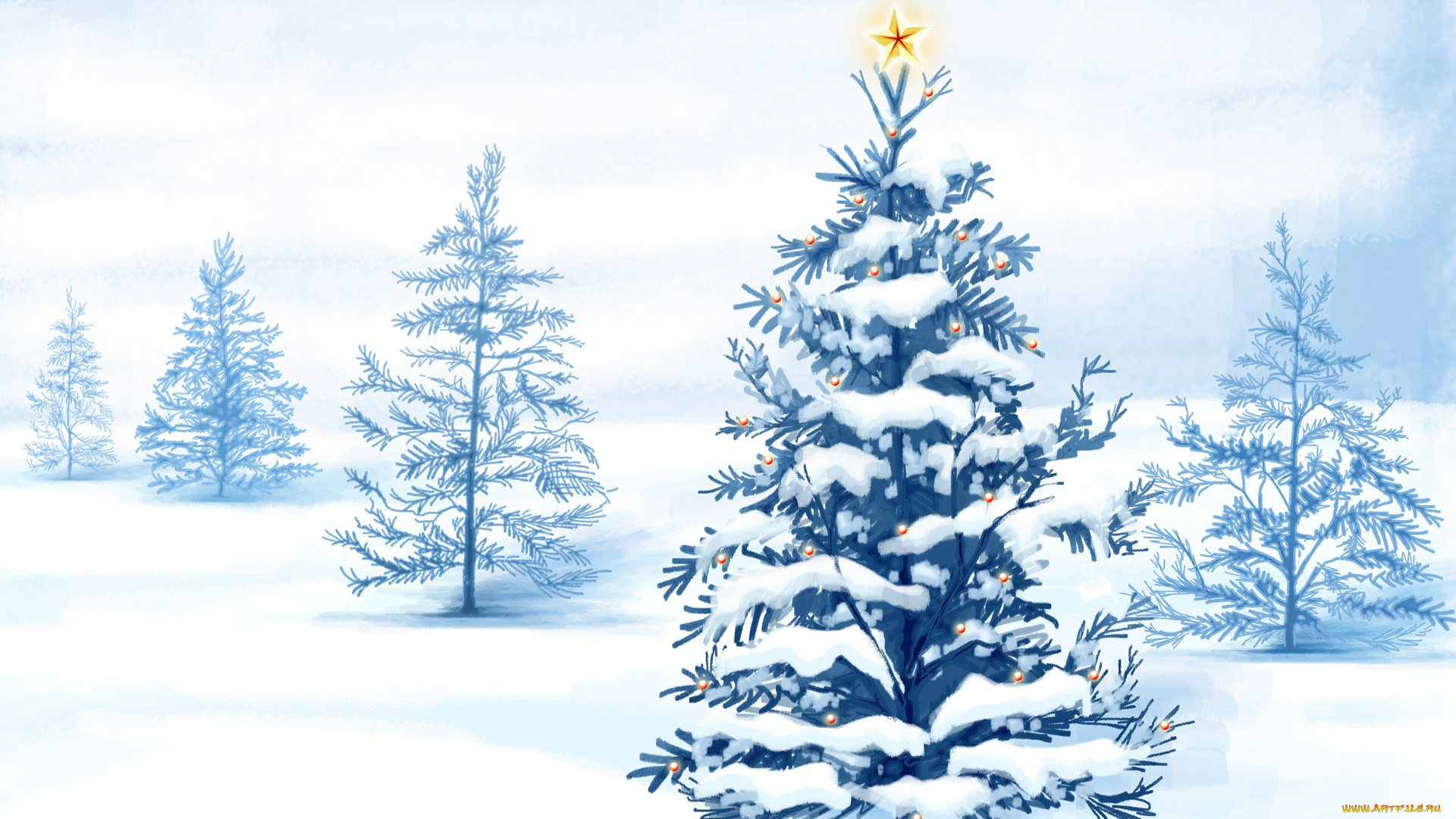 праздничные, рисованные, снег, ёлки, звезда, огоньки
