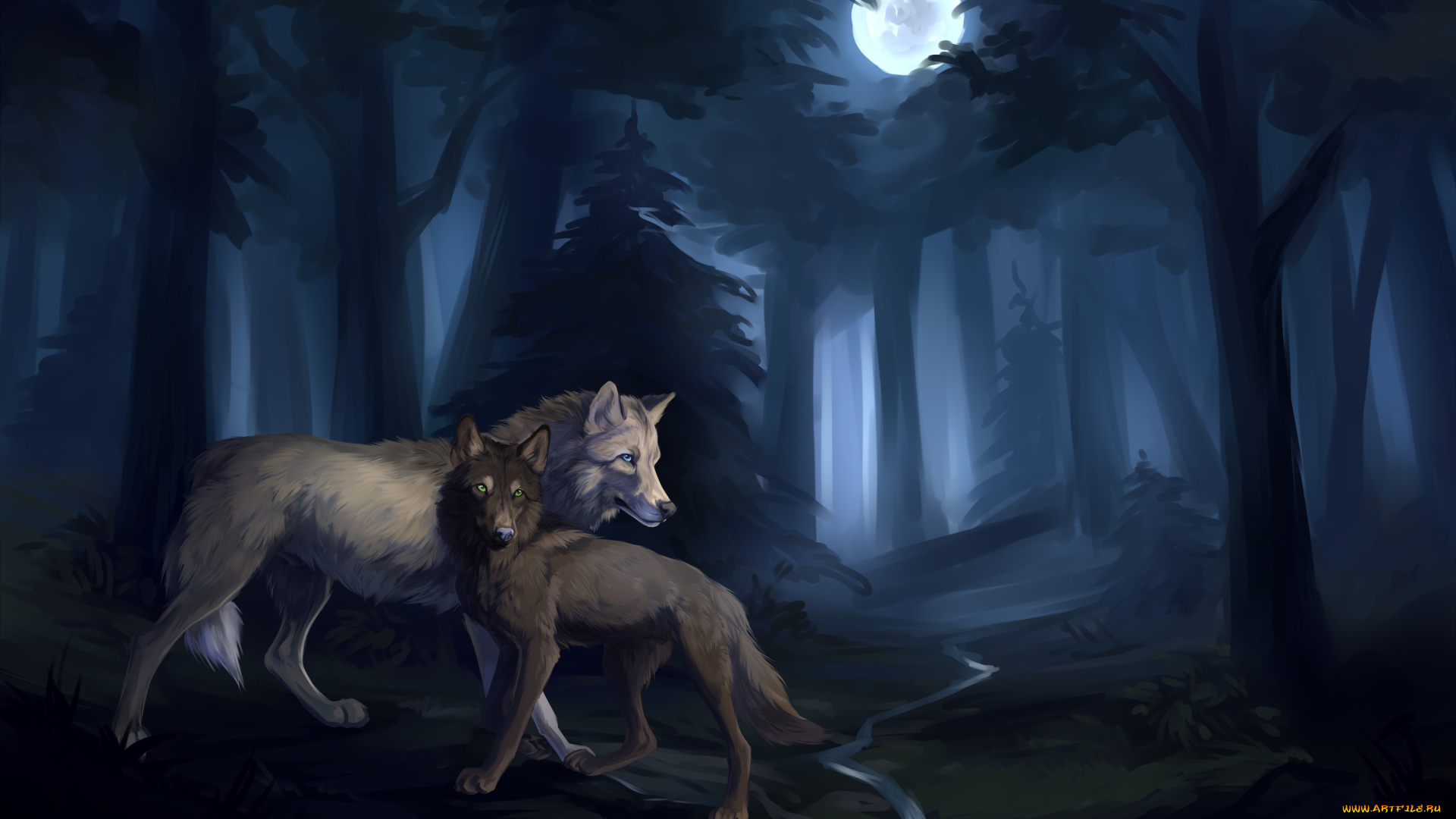 рисованные, животные, , волки, волки, луна, лес, ночь
