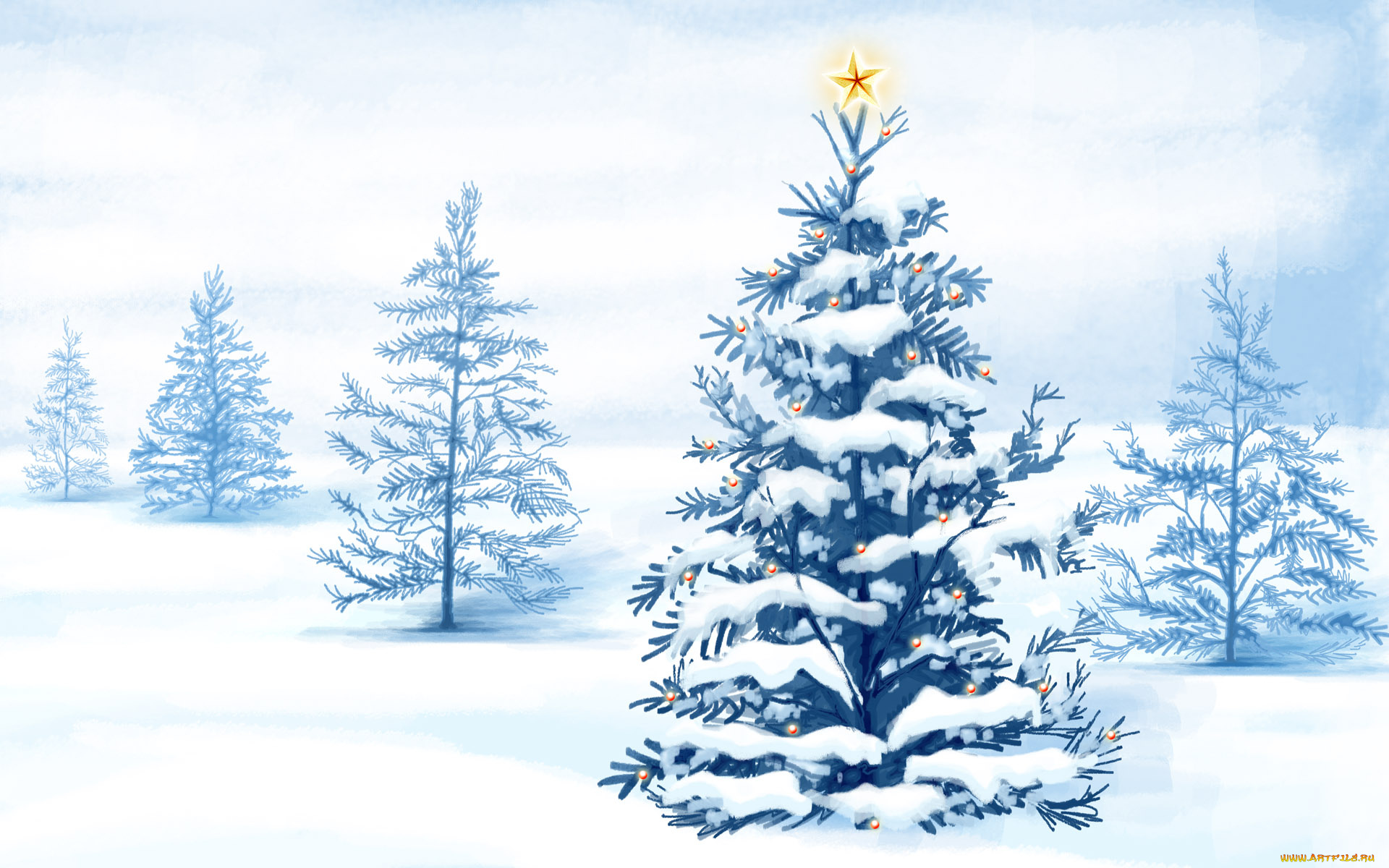 праздничные, рисованные, снег, ёлки, звезда, огоньки