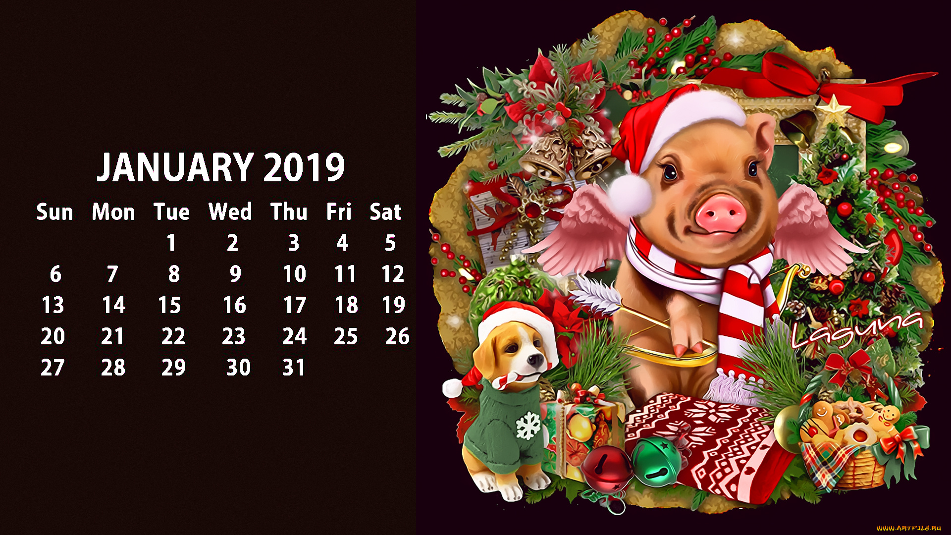 календари, праздники, , салюты, свинья, крылья, колокольчик, поросенок, собака