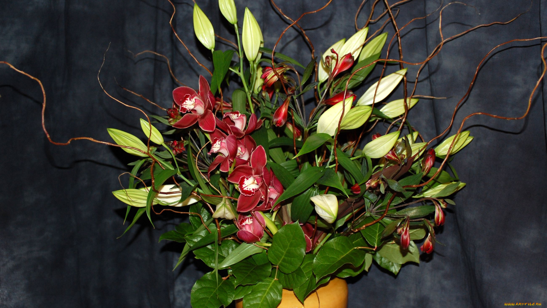 цветы, букеты, композиции, орхидея, бутоны, ветки, ваза