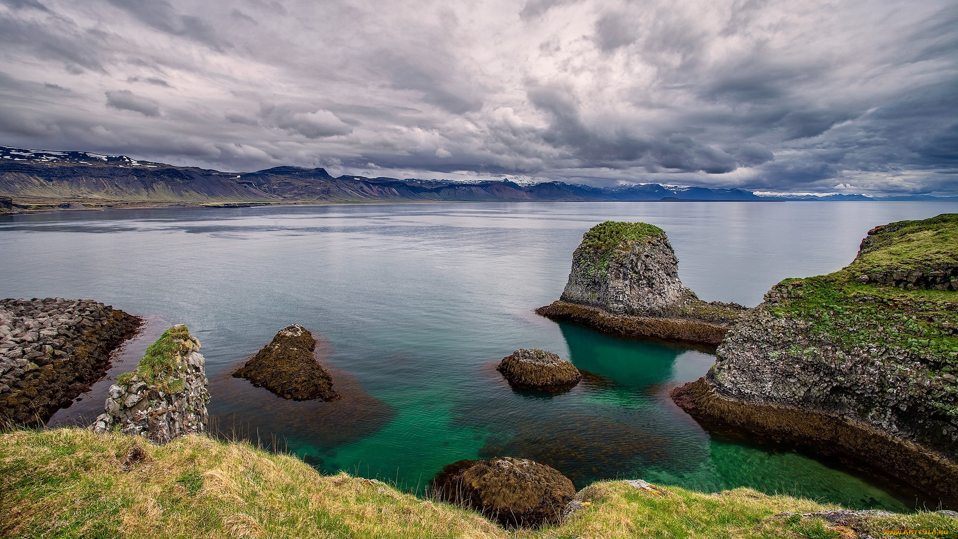 природа, побережье, трава, исландия, snaefellsnes, озеро, небо, облака, камни