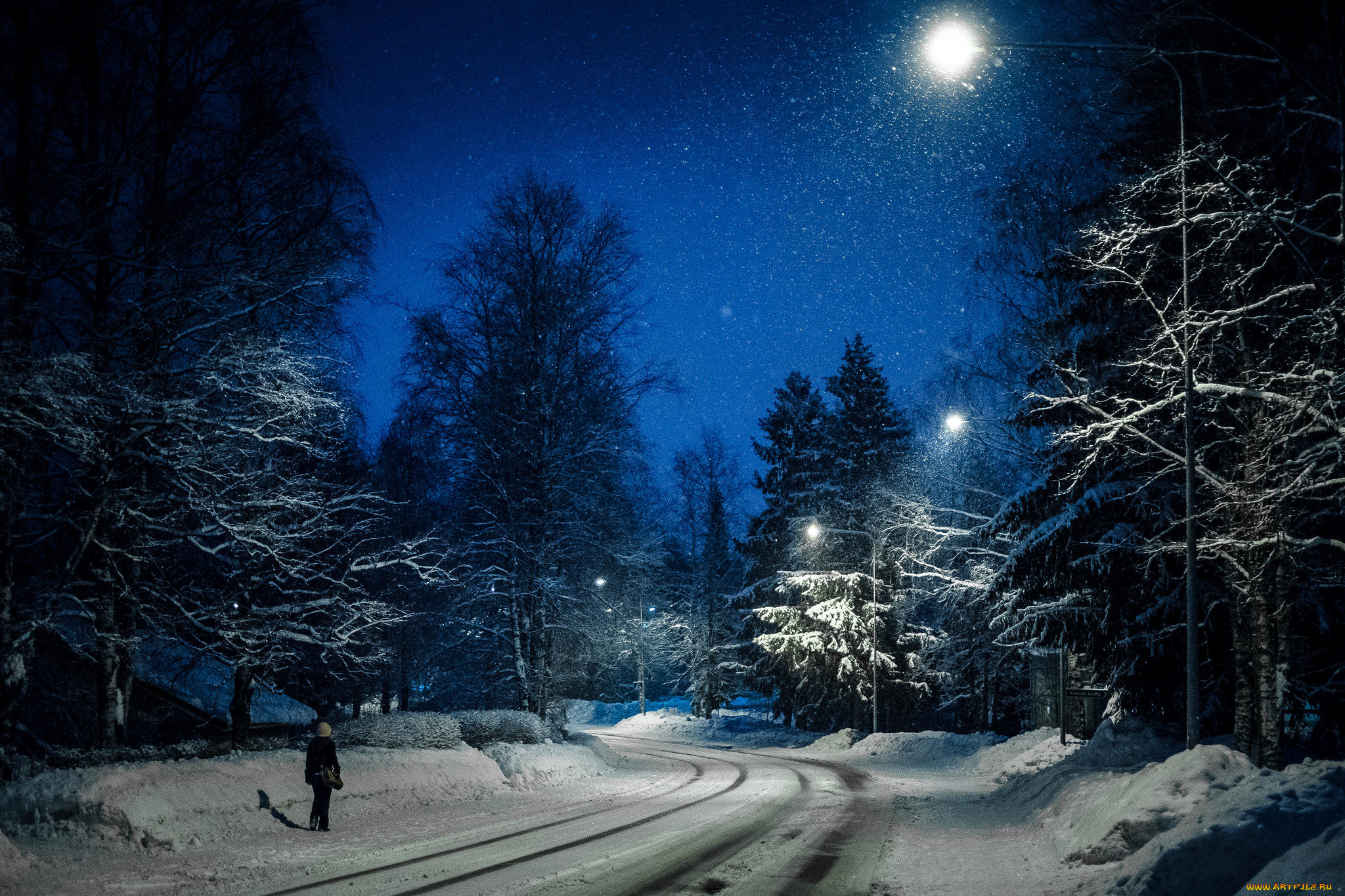 природа, дороги, снег, деревья, дорога, ночь