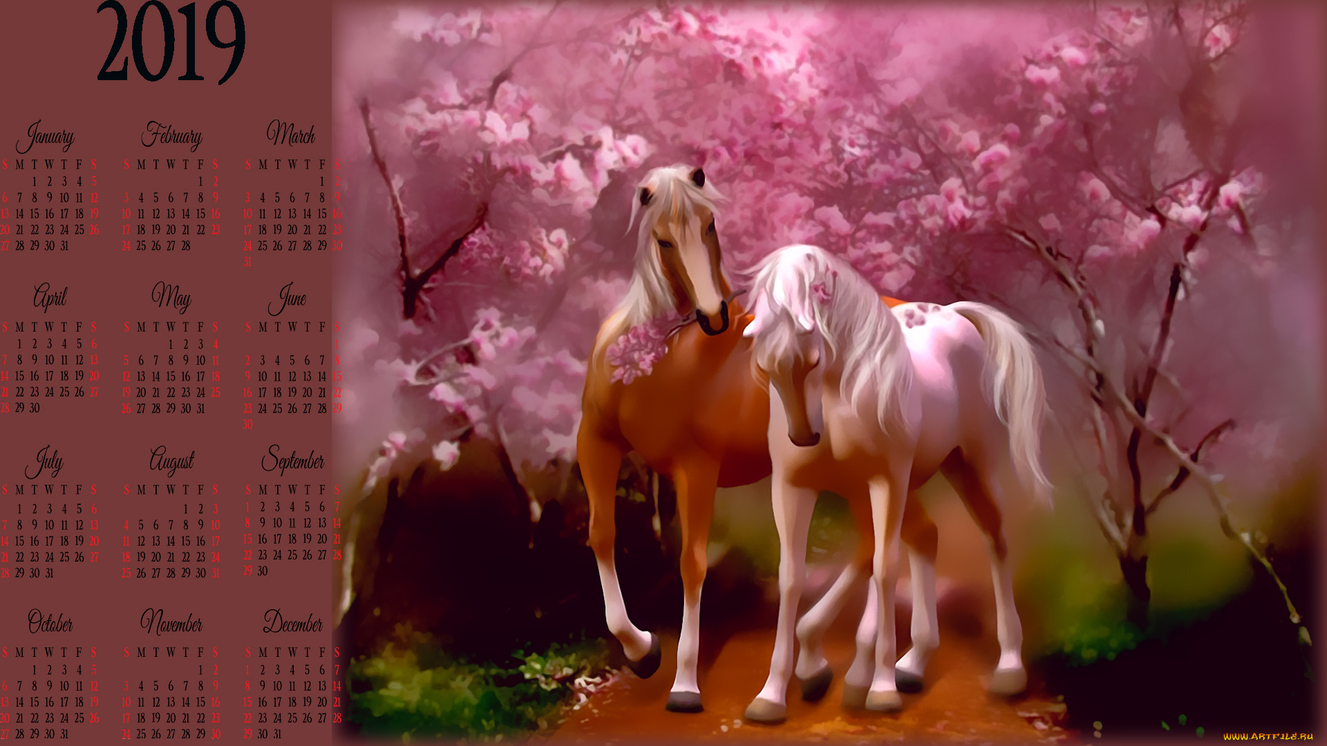 календари, фэнтези, цветы, конь, деревья, лошадь