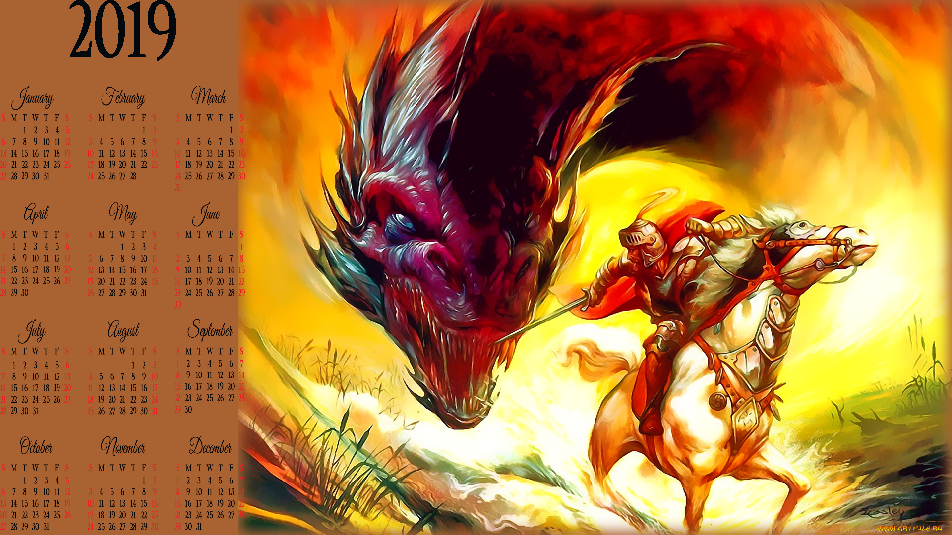 календари, фэнтези, лошадь, воин, конь, дракон