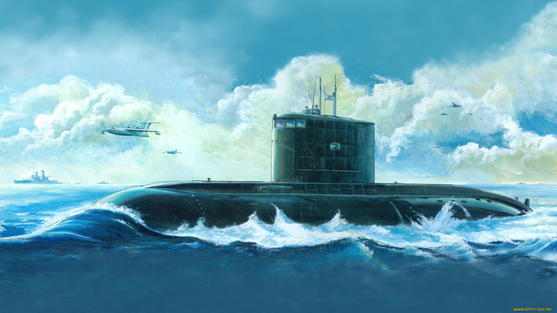 рисованное, армия, подводная, лодка, море, самолеты, облака