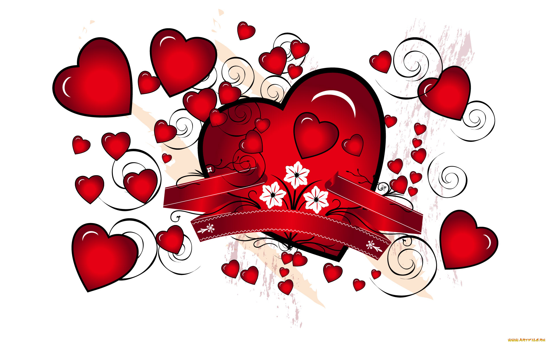 векторная, графика, сердечки, , hearts, сердечки, цветы, ленты