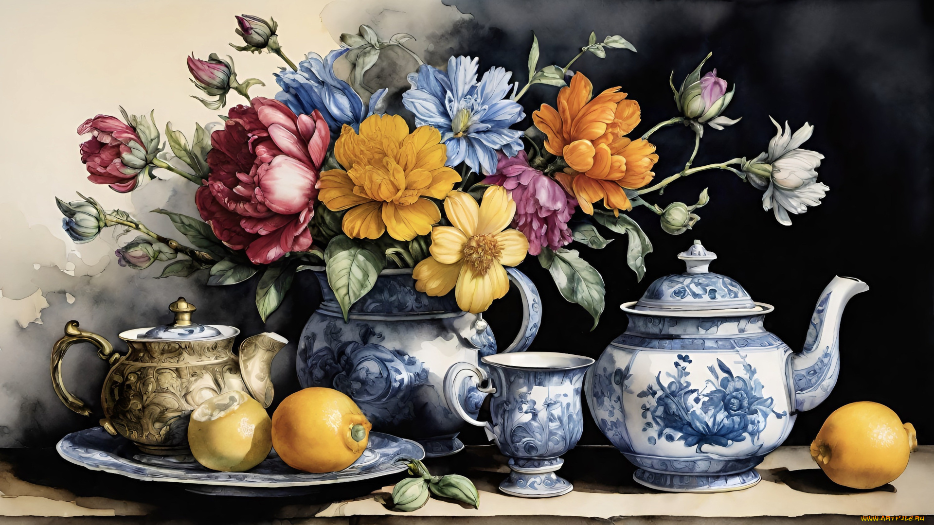 рисованное, цветы, темный, фон, стол, букет, чайник, тарелка, чашка, посуда