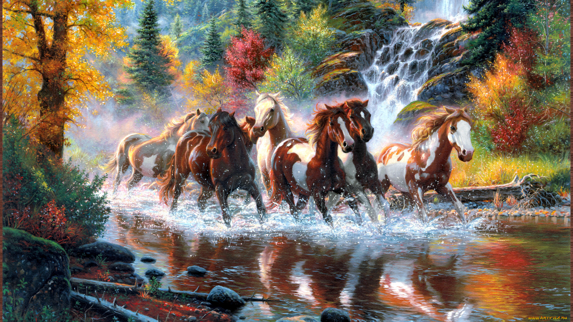 mark, keathley, born, to, run, рисованные, осень, лошади, лес, водопад, река, табун, кони, деревья, арт