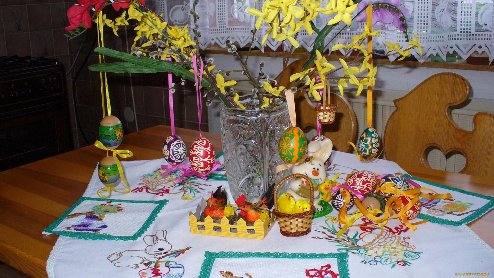 праздничные, пасха, салфета, игрушки, ваза, ветка, яйца