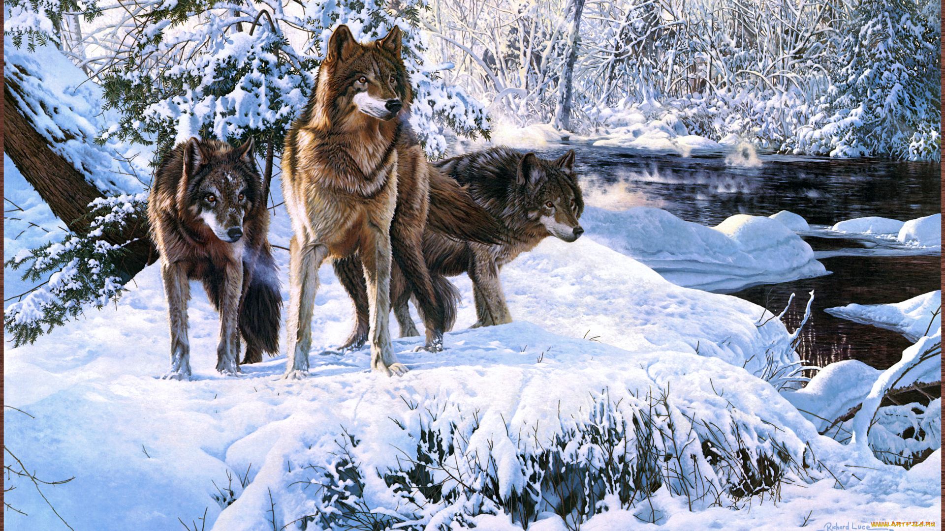 richard, luce, warriors, of, the, north, woods, рисованные, река, снег, волки, арт, лес, зима