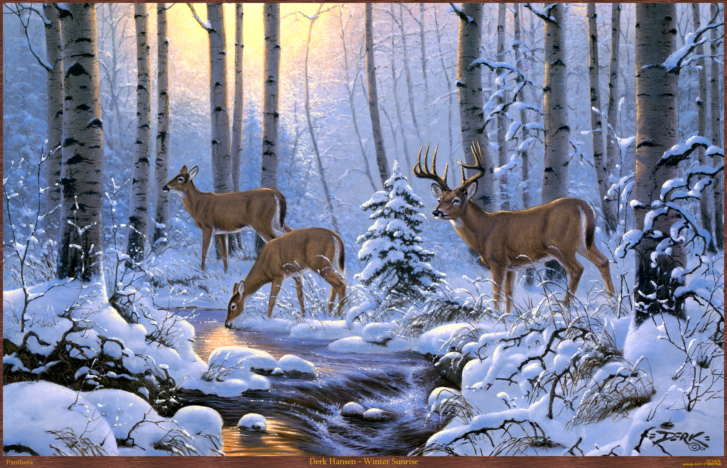derk, hansen, winter, sunrise, рисованные, арт, деревья, ручей, снег, лес, олени, зима
