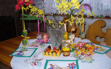 Картинка праздничные пасха салфета игрушки ваза ветка яйца