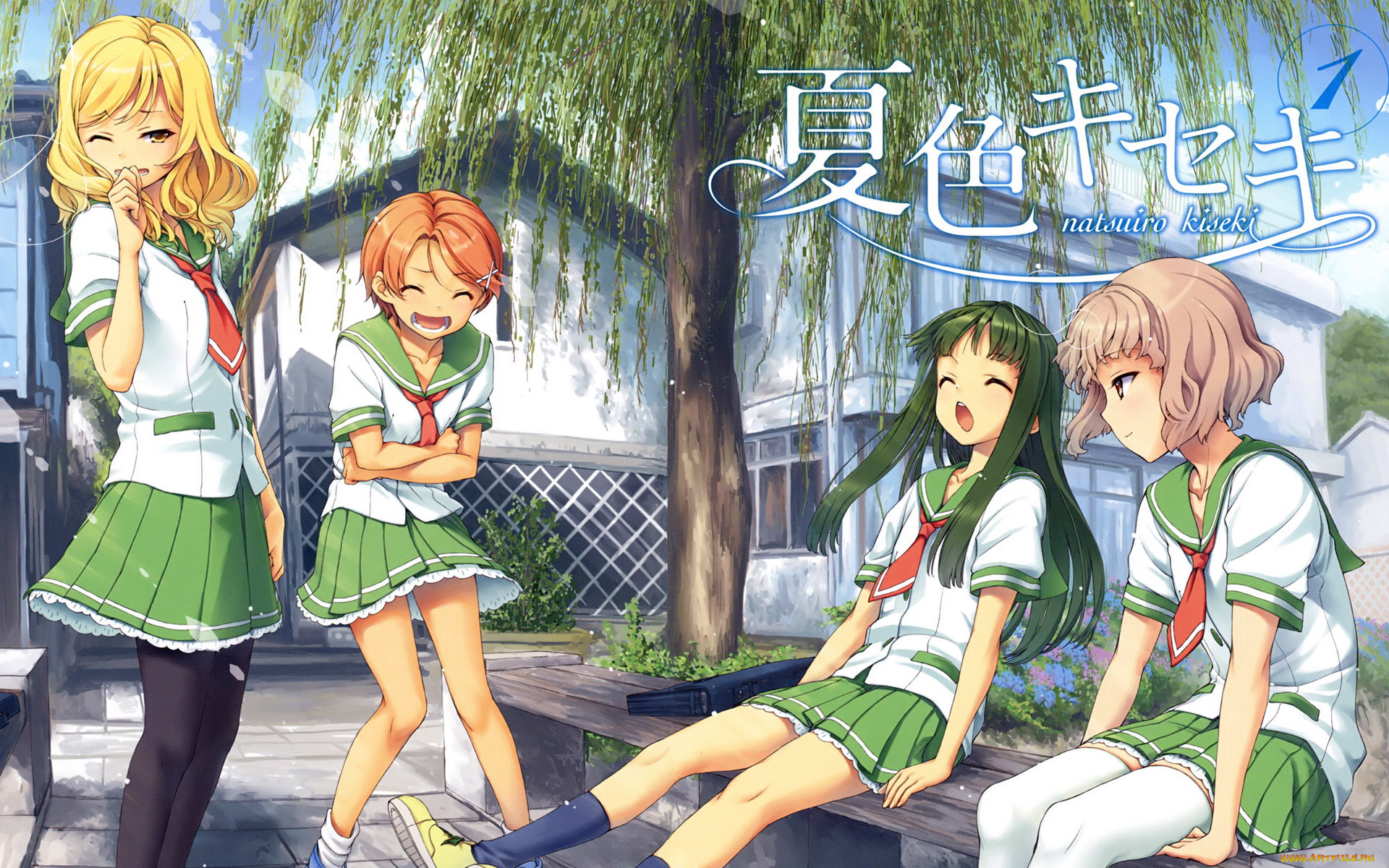 аниме, natsuiro, kiseki, девушки, дерево, скамейка