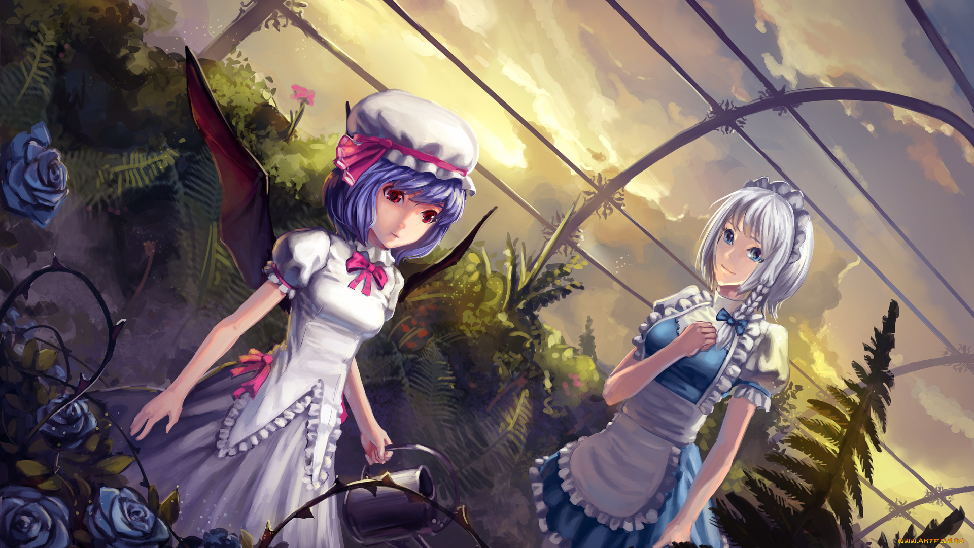 аниме, touhou, арт, лейка, крылья, розы, цветы, оранжерея, девушки