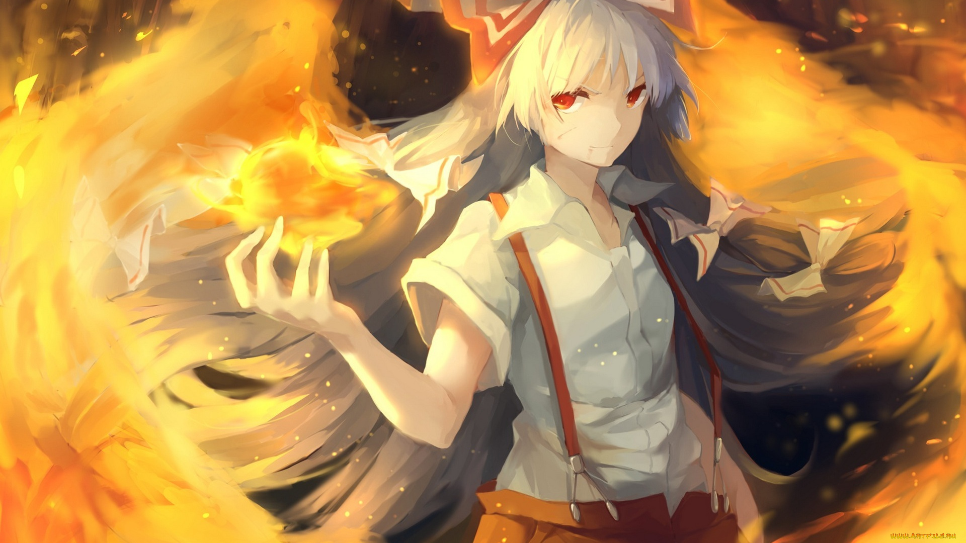 аниме, touhou, бант, крылья, fujiwara, no, mokou, shuzi, арт, огонь, магия, девушка