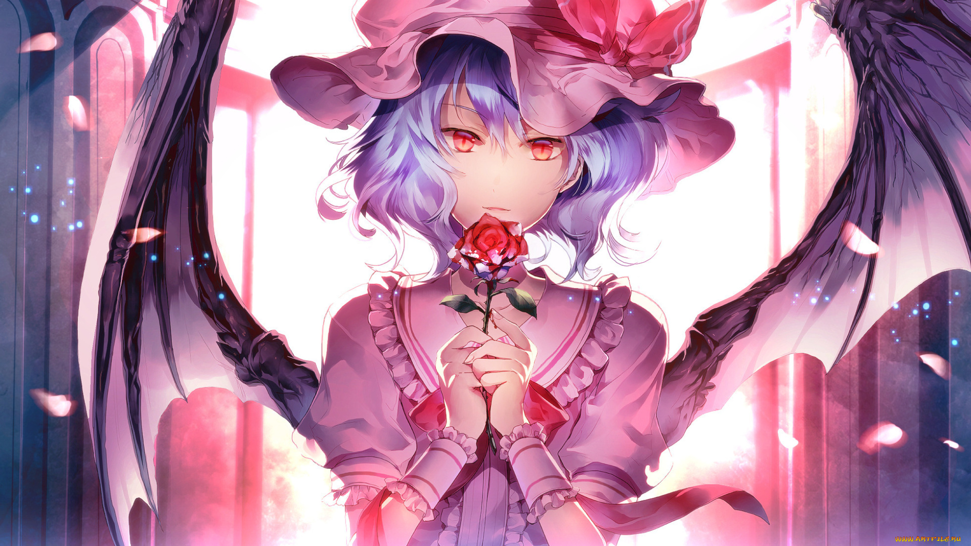 аниме, touhou, лепестки, роза, цветок, демон, крылья, взгляд, remilia, scarlet, девушка, sunakumo, art, свет