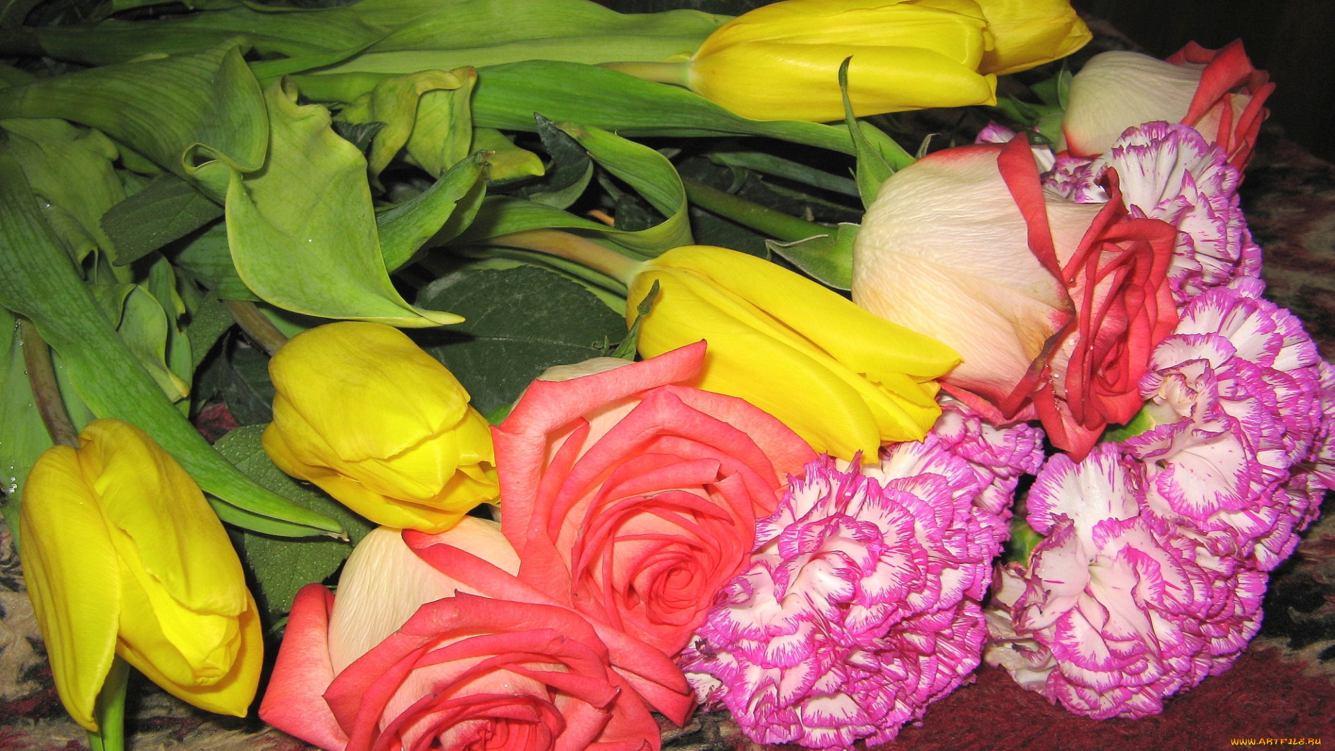 цветы, разные, вместе, тюльпаны, гвоздики, розы