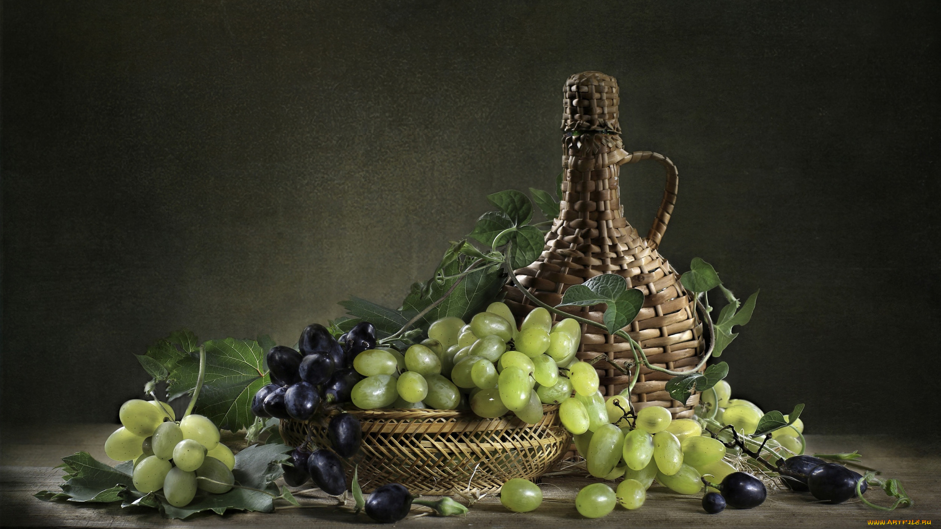 еда, виноград, бутылка, натюрморт